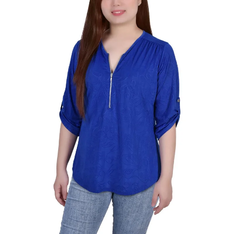 NY Collection Womens Petites Pattern 1/2 Zip Blouse Peter Pan Collar Blouse