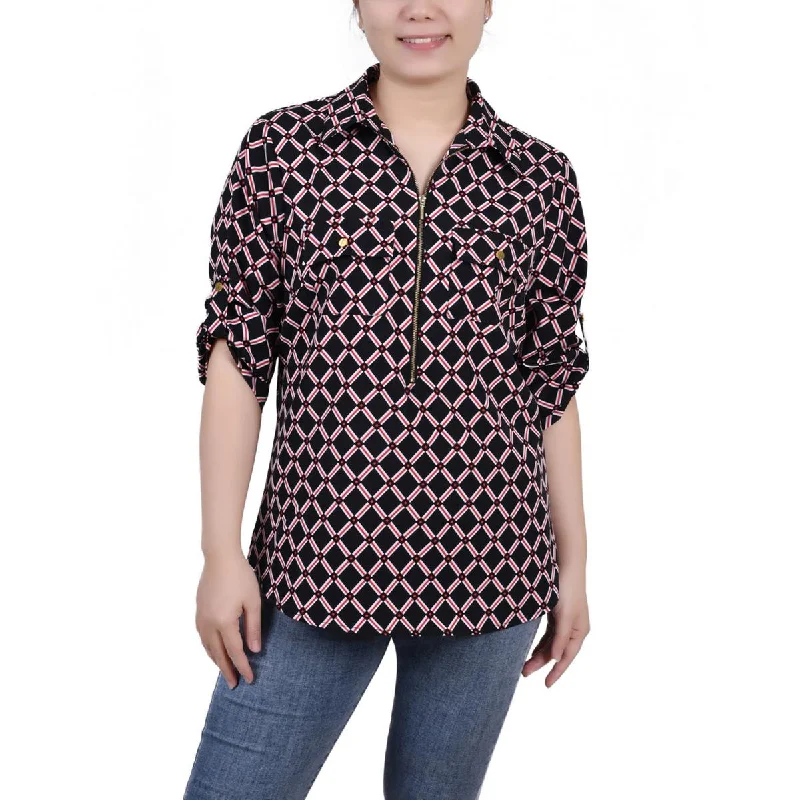 NY Collection Womens Petites Printed Zip Front Blouse Double-Layered Blouse
