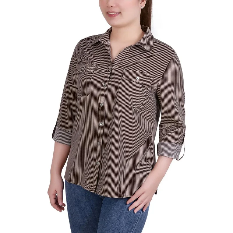 NY Collection Womens Petites Geometric Collared Blouse Pleated Collar Blouse
