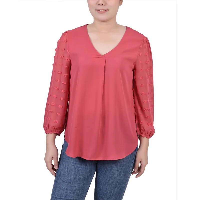 NY Collection Womens Petites Swiss Dot V-Neck Blouse Stylish Wrap Blouse