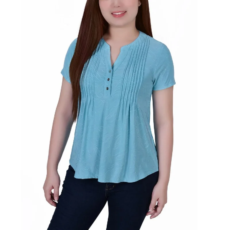 NY Collection Womens Petites Y-Neck Jacquard Blouse Elegant Lace Blouse