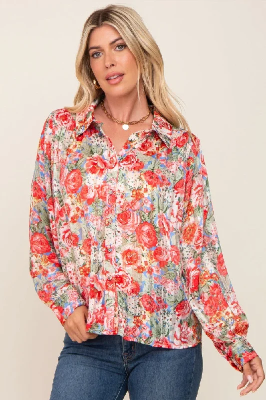 Red Floral Semi Sheer Shimmer Blouse Embellished Collar Blouse