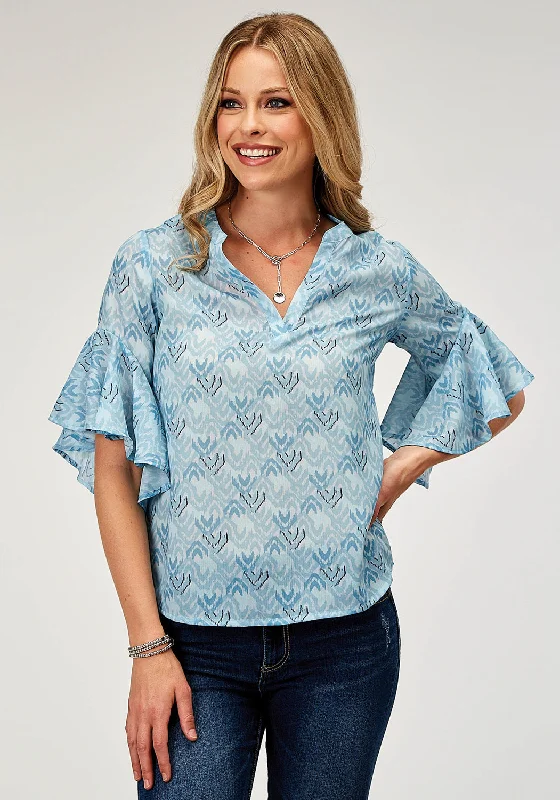 Roper Womens 1978 Ikat Chevron Blue 100% Polyester S/S Blouse Gathered Detail Blouse Roper Womens 1978 Ikat Chevron Blue 100% Polyester S/S Blouse Gathered Detail Blouse