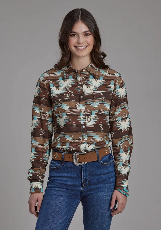 Roper Womens 2201 Icon Aztec Brown Multi 100% Rayon L/S Blouse Mandarin Collar Blouse Roper Womens 2201 Icon Aztec Brown Multi 100% Rayon L/S Blouse Mandarin Collar Blouse