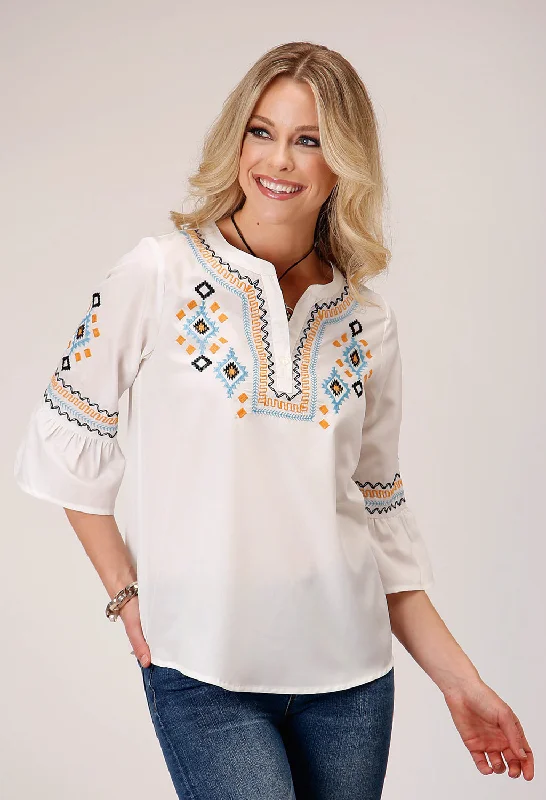Roper Womens Crepe Bell Sleeve Cream 100% Polyester S/S Blouse Satin Drape Blouse