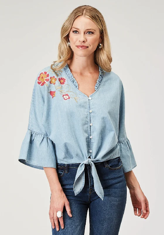 Roper Womens Feminine Denim Blue 100% Cotton L/S Blouse Wrap Front Blouse