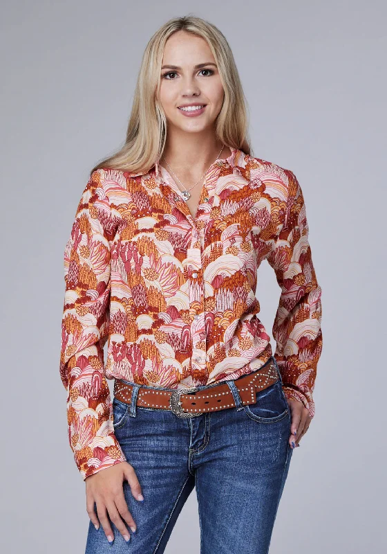 Roper Womens Groovy Cacti Pink 100% Rayon L/S Blouse Stylish Wrap Blouse