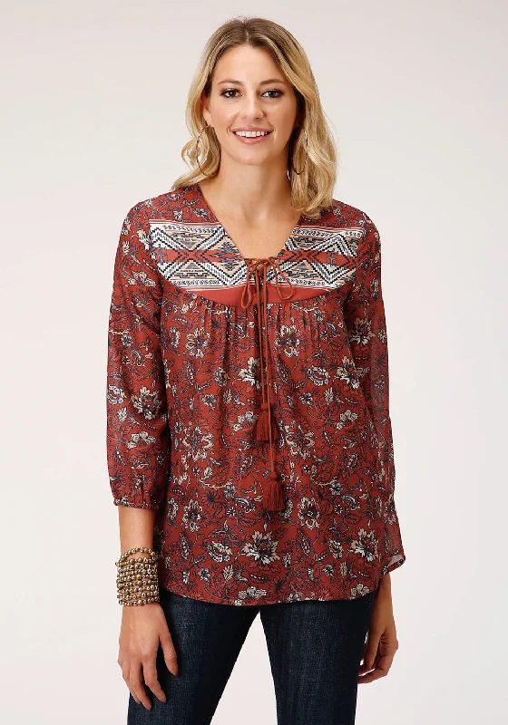 Roper Womens Rust Polyester Floral Border 3/4 Sleeve Blouse Relaxed Fit Blouse