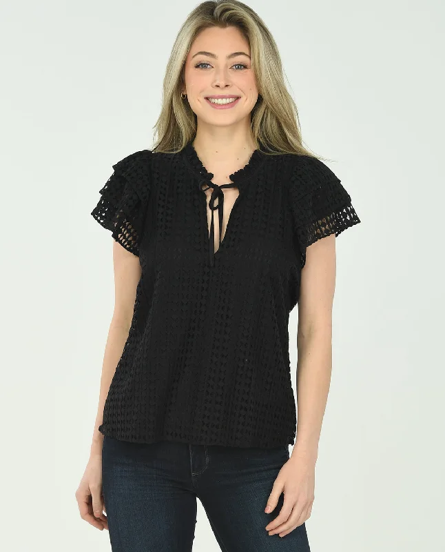 Short Sleeved Lombard Solid Lace Tie Neck Blouse Ruffled Neck Blouse