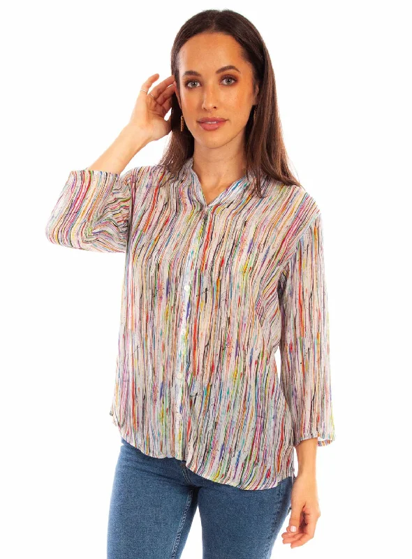 Scully Womens Abstract Striped Multi-Color Viscose 3/4 Sleeve S/S Blouse Office Formal Blouse Scully Womens Abstract Striped Multi-Color Viscose 3/4 Sleeve S/S Blouse Office Formal Blouse