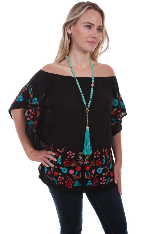 Scully Womens Black 100% Viscose Vibrant Floral S/S Blouse Feminine Tie Blouse