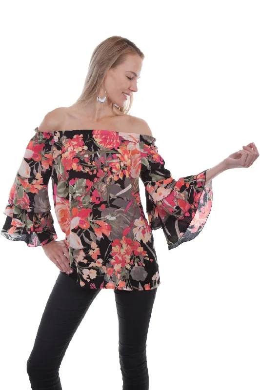 Scully Womens Black Multi Polyester Floral Print S/S Blouse Chic Ruffle Blouse