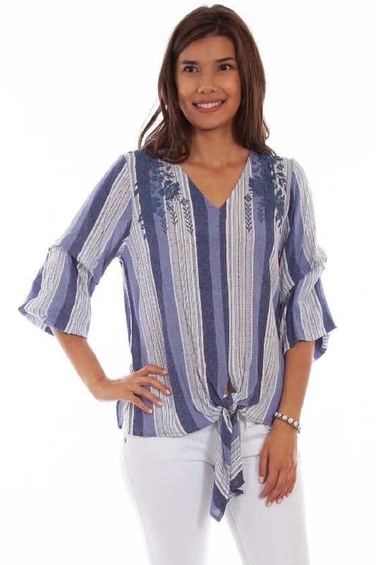 Scully Womens Blue Rayon Puff Print S/S Blouse Embellished Collar Blouse