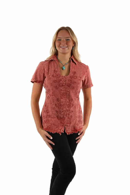 Scully Womens Cantina Soutach Brick 100% Cotton S/S Blouse Embellished Collar Blouse Scully Womens Cantina Soutach Brick 100% Cotton S/S Blouse Embellished Collar Blouse