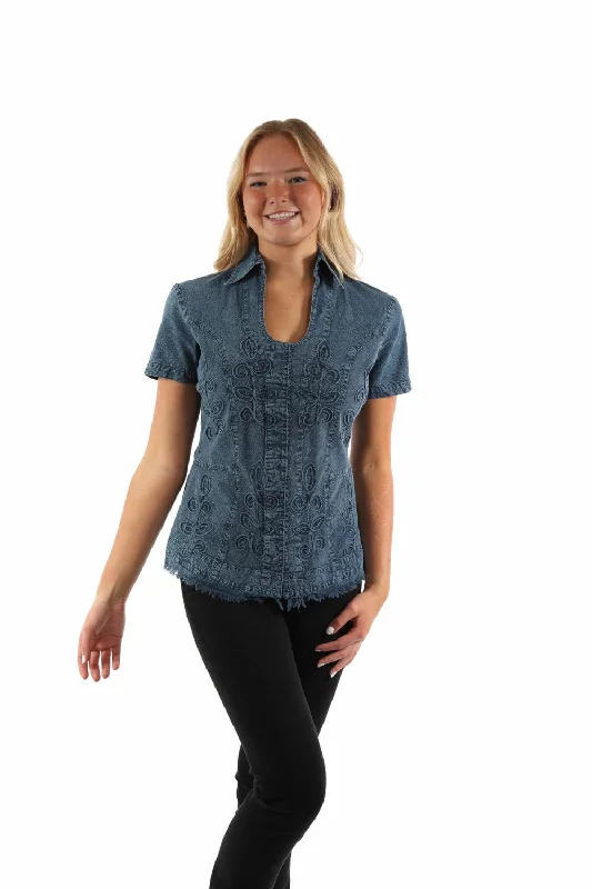 Scully Womens Cantina Soutach Dark Blue 100% Cotton S/S Blouse Lightweight Linen Blouse Scully Womens Cantina Soutach Dark Blue 100% Cotton S/S Blouse Lightweight Linen Blouse