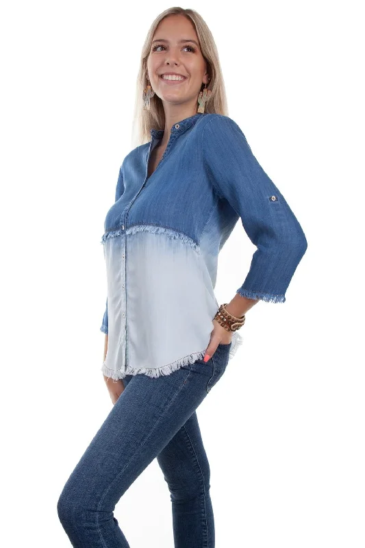 Scully Womens Denim Tencel Dip Dye S/S Blouse Collared Satin Blouse