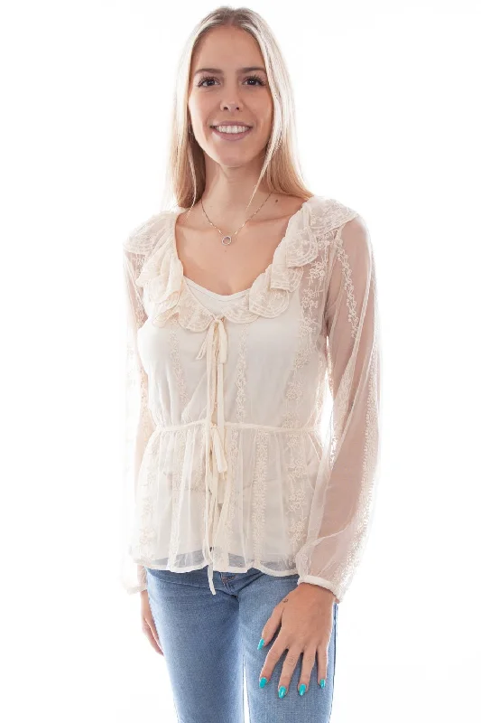 Scully Womens Embroidered Mesh Tie Front Ivory 100% Polyester L/S Blouse Sheer Sleeve Blouse Scully Womens Embroidered Mesh Tie Front Ivory 100% Polyester L/S Blouse Sheer Sleeve Blouse