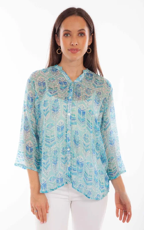 Scully Womens Feather Texture Sky Viscose 3/4 Sleeve S/S Blouse Classic Striped Blouse Scully Womens Feather Texture Sky Viscose 3/4 Sleeve S/S Blouse Classic Striped Blouse