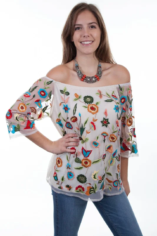 Scully Womens Ivory 100% Viscose Floral Garden S/S Blouse Stylish Wrap Blouse