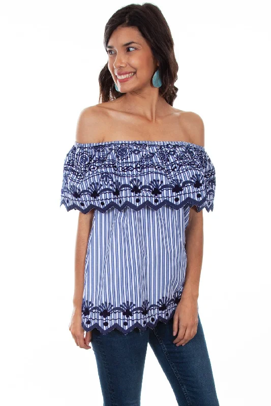 Scully Womens Navy Viscose Stripe Ruffle S/S Blouse Semi-Sheer Blouse