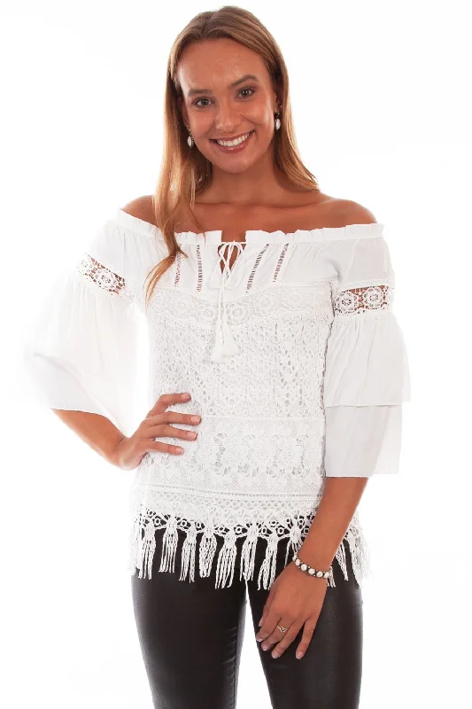 Scully Womens Off White Nylon Double Ruffle S/S Blouse Feminine Puff Blouse