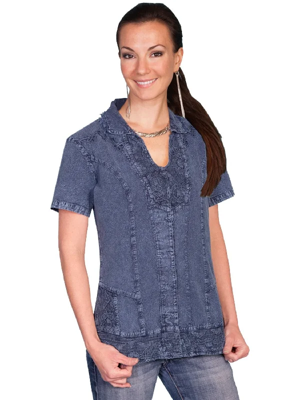 Scully Womens Soutache Embroidery Dark Blue 100% Cotton S/S Blouse Satin Long Blouse Scully Womens Soutache Embroidery Dark Blue 100% Cotton S/S Blouse Satin Long Blouse
