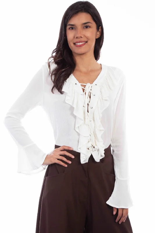 Scully Womens Tie Front Ruffle White 100% Rayon L/S Blouse Lightweight Tunic Blouse