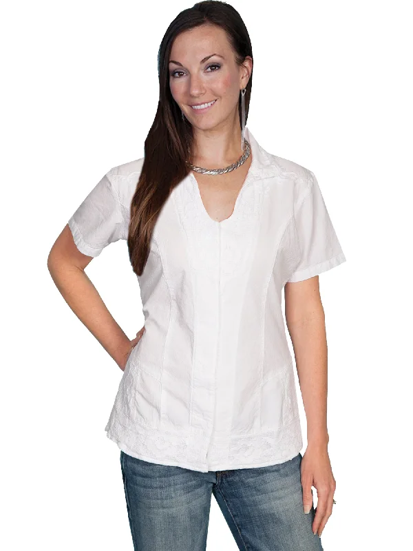 Scully Womens White 100% Cotton Soutache S/S Blouse Versatile Layering Blouse