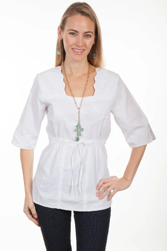 Scully Womens White Silk Blend Lace S/S Blouse High Neck Blouse