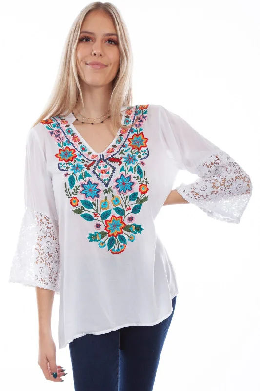Scully Womens White Viscose Crochet S/S Blouse Lightweight Tunic Blouse