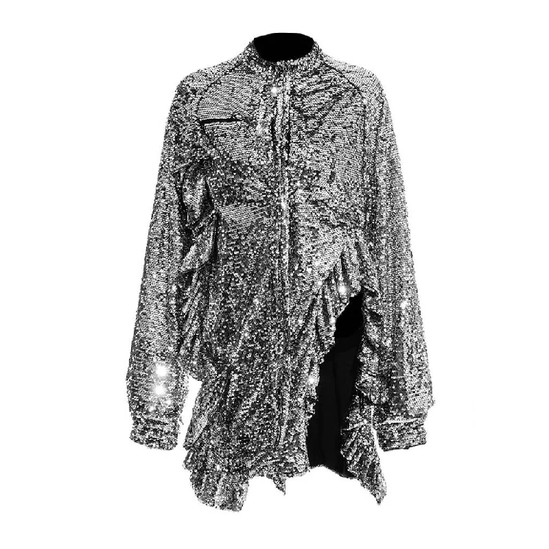 Sparkly Tie Neck High Neck Half Button Ruffle Split Side Longline Sequin Blouse Chic Sleeveless Blouse Sparkly Tie Neck High Neck Half Button Ruffle Split Side Longline Sequin Blouse Chic Sleeveless Blouse