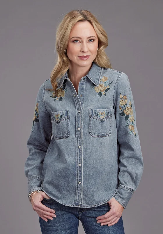 Stetson Womens Loose Fitting Light Denim 100% Cotton L/S Blouse Lightweight Floral Blouse Stetson Womens Loose Fitting Light Denim 100% Cotton L/S Blouse Lightweight Floral Blouse