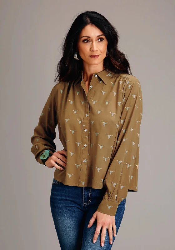 Stetson Womens Mojave Steer Head Brown 100% Rayon L/S Blouse Modern Oversized Blouse Stetson Womens Mojave Steer Head Brown 100% Rayon L/S Blouse Modern Oversized Blouse