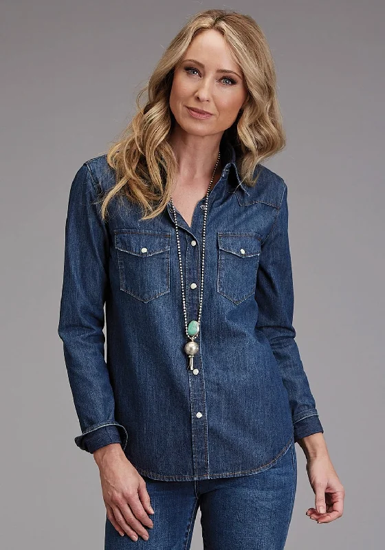 Stetson Womens Western Denim Dark Blue Cotton Blend L/S Blouse Gathered Detail Blouse