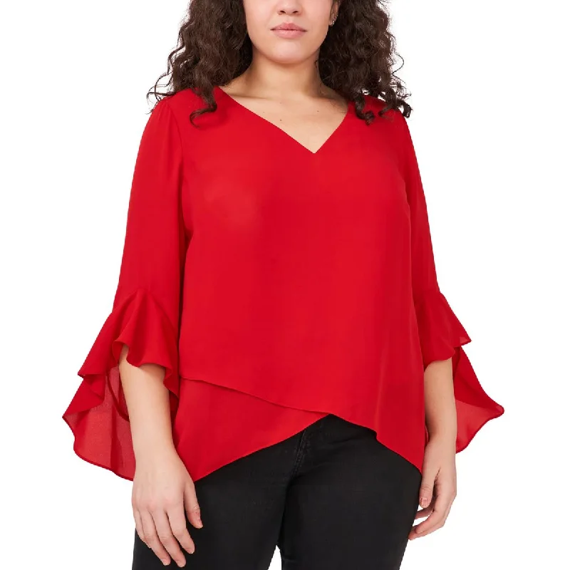 Vince Camuto Womens Plus Flutter-Sleeve V-Neck Blouse Elegant Embroidery Blouse