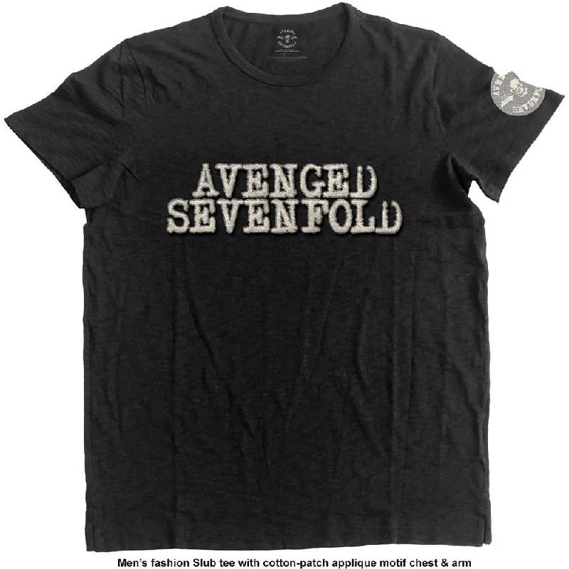 Avenged Sevenfold Unisex Fashion T-Shirt: Logo & Death Bat (Applique Motifs) Front Pockets Side Pockets Patch Pockets Avenged Sevenfold Unisex Fashion T-Shirt: Logo & Death Bat (Applique Motifs) Front Pockets Side Pockets Patch Pockets