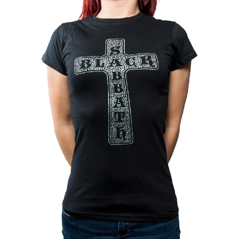 Black Sabbath Ladies Fashion T-Shirt: Cross (Diamante) Embroidered Appliqued Beaded