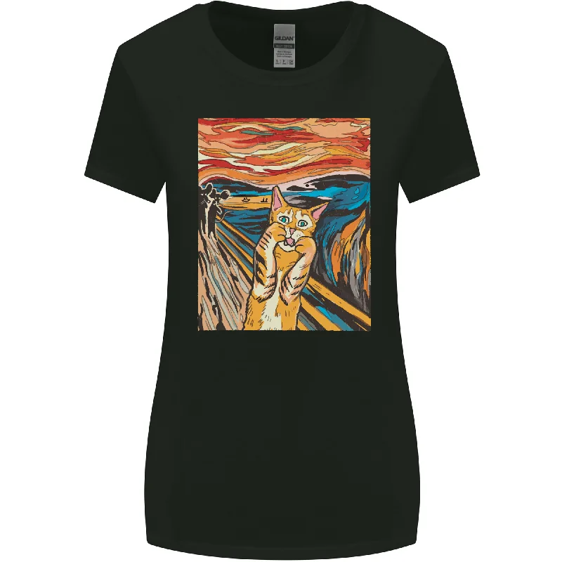 Cat Scream Painting Parody Womens Wider Cut T-Shirt Lace Blend Ribbed Blend Corduroy Blend