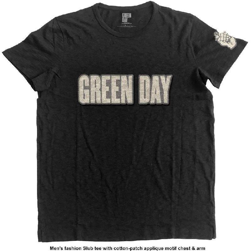 Green Day Unisex Fashion T-Shirt: Logo & Grenade (Applique Motifs) Fashionable Trendy Casual