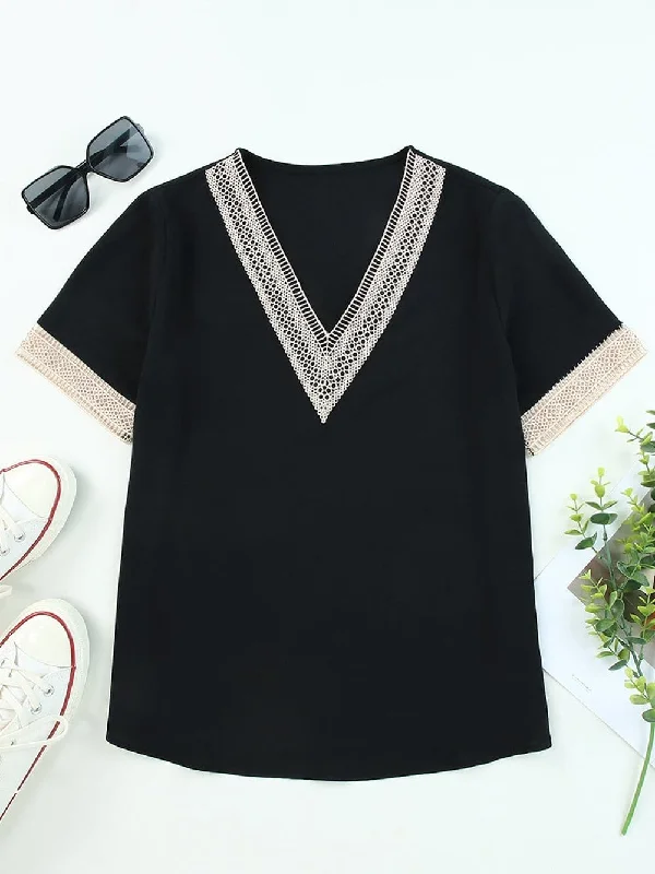 V-Neck Short Sleeve T-Shirt with Lace Accents Chenille Fabric Brocade Fabric Lace Fabric V-Neck Short Sleeve T-Shirt with Lace Accents Chenille Fabric Brocade Fabric Lace Fabric