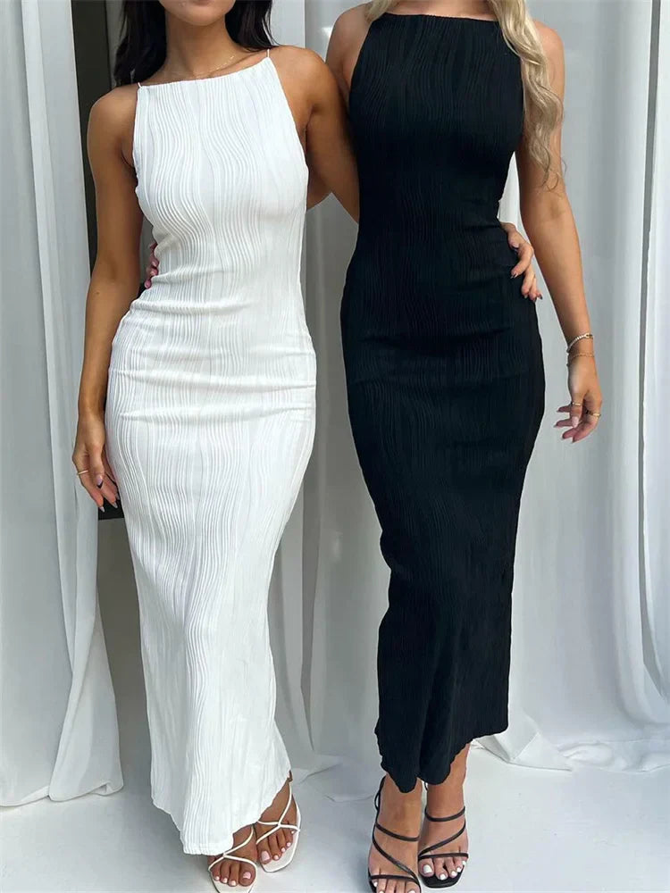 2024 Women Long Ruched Sleeveless Slim Solid Summer Party Back Split Clubwear Female Maxi Dress Trendy Off-Shoulder Ruffle Maxi Dress 2024 Women Long Ruched Sleeveless Slim Solid Summer Party Back Split Clubwear Female Maxi Dress Trendy Off-Shoulder Ruffle Maxi Dress