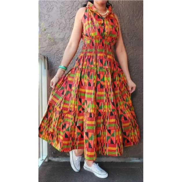 African Ankara Kente Style Print Cotton Women Long Smocked Maxi Dress Sundress Elegant Maxi Dress with Drapes African Ankara Kente Style Print Cotton Women Long Smocked Maxi Dress Sundress Elegant Maxi Dress with Drapes