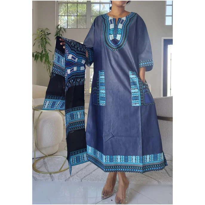 African Print Dashiki Denim Print Long Maxi Dress with headwrap head scarf - Plus Size Trendy V-Neck Maxi Dress African Print Dashiki Denim Print Long Maxi Dress with headwrap head scarf - Plus Size Trendy V-Neck Maxi Dress