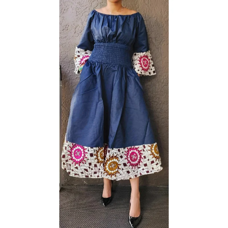 Ankara Denim Maxi Dress Comfortable Bohemian Maxi Dress