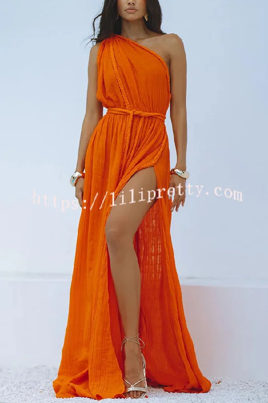 Lilipretty® Avani Linen Blend Draped Braids One Shoulder Slit Cover Up Maxi Dress Chic Summer Maxi Dress