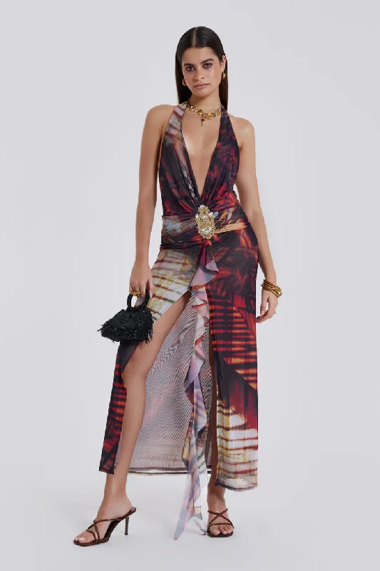 Cindy Plunge Maxi Dress In Red Cozy Knitted Maxi Dress