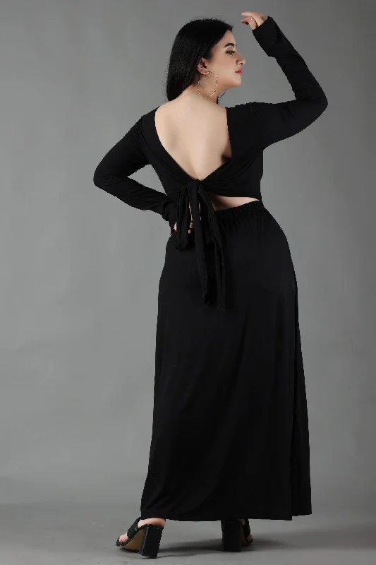 Black Solid Maxi Dress with Back Tie Fashionable Chiffon Tiered Maxi Dress