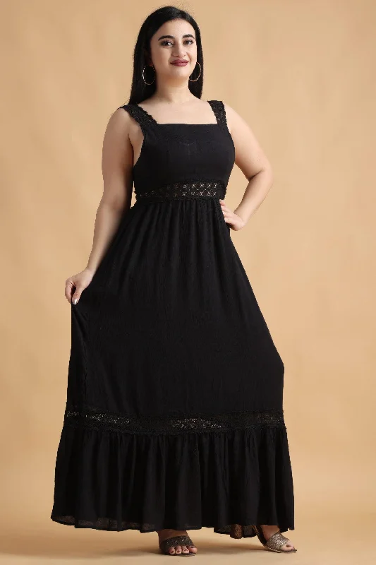 Black Solid Maxi Dress with Lace Trendy Fit-and-Flare Maxi Dress