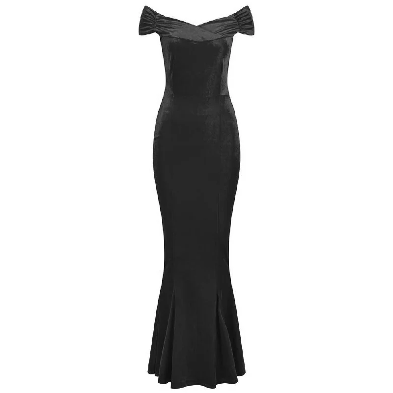 Black Cap Sleeve Crossover Bust Fishtail Hem Velour Maxi Dress Trendy Button Front Maxi Dress Black Cap Sleeve Crossover Bust Fishtail Hem Velour Maxi Dress Trendy Button Front Maxi Dress