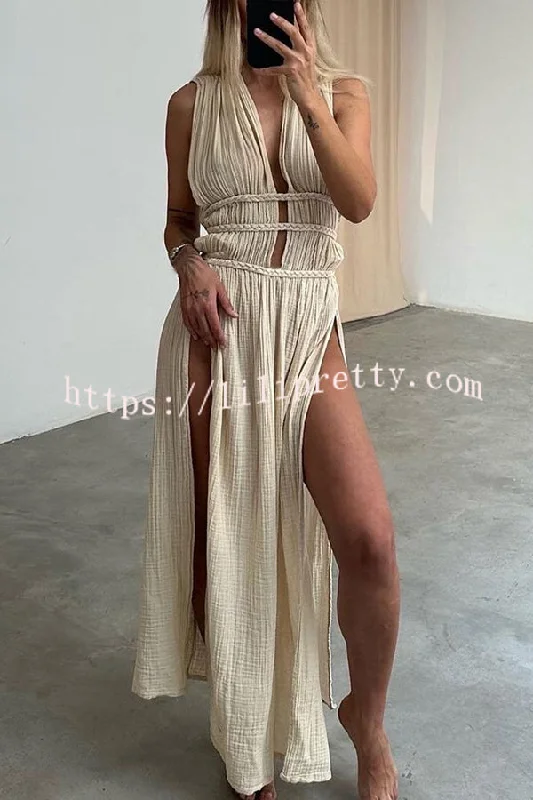 Boho with Elegance Linen Blend Braids Belt Cutout Slit Kaftan Maxi Dress Comfortable Bohemian Maxi Dress Boho with Elegance Linen Blend Braids Belt Cutout Slit Kaftan Maxi Dress Comfortable Bohemian Maxi Dress